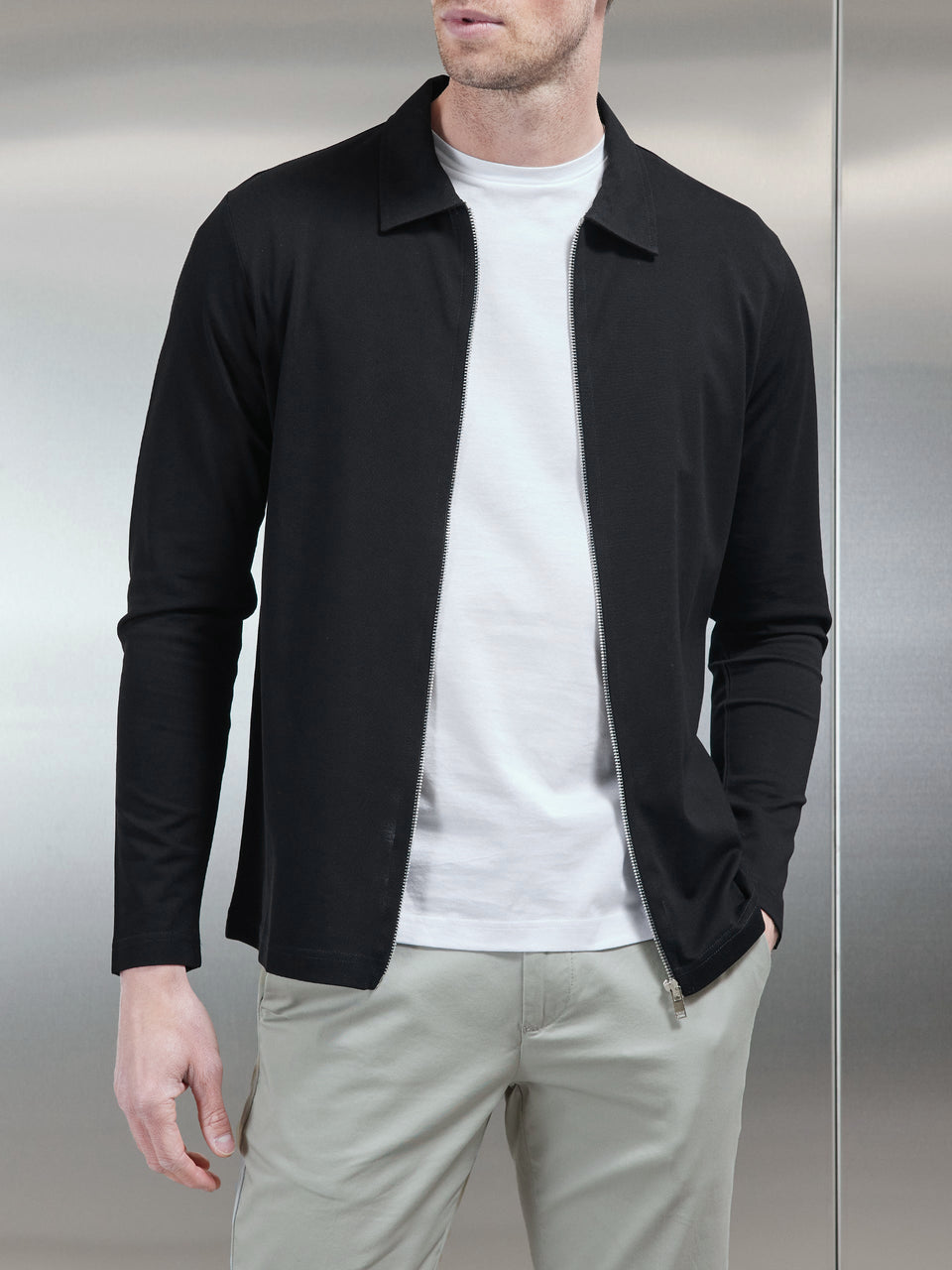 Mercerised Pique Zip Through Jacket in Black