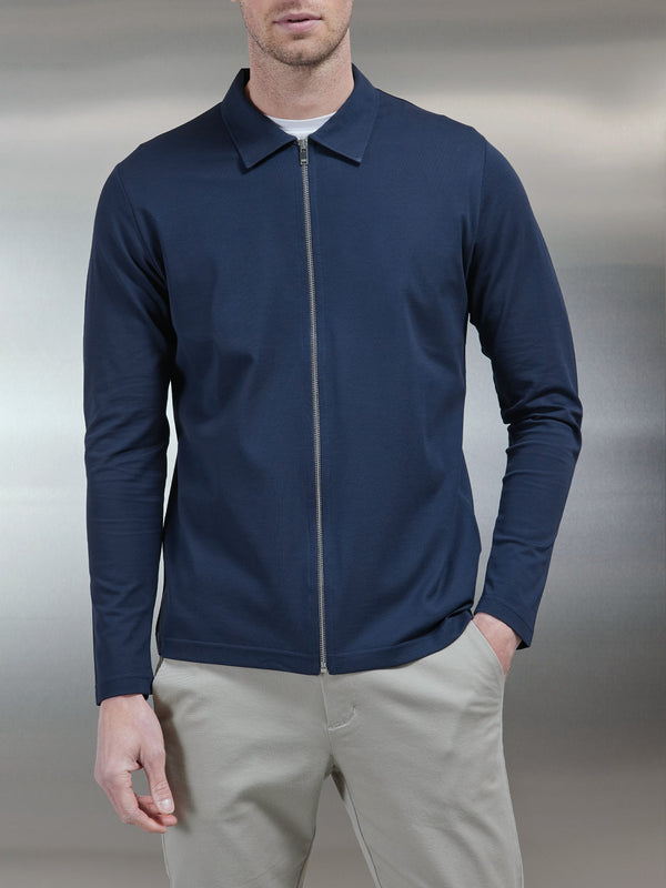 Mercerised Pique Zip Through Jacket in Navy