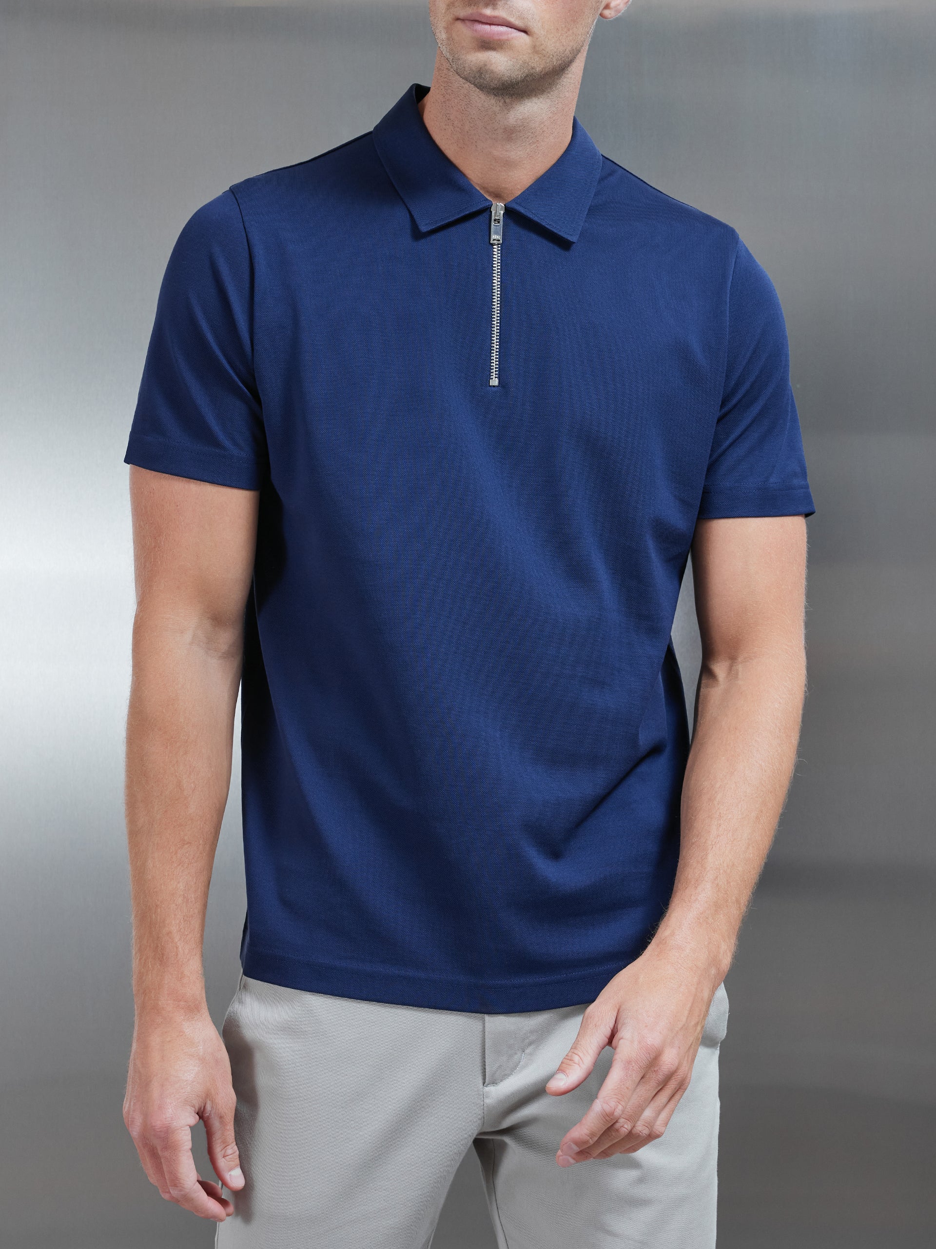 Navy Mercerised Pique Polo Shirt - Short Sleeve