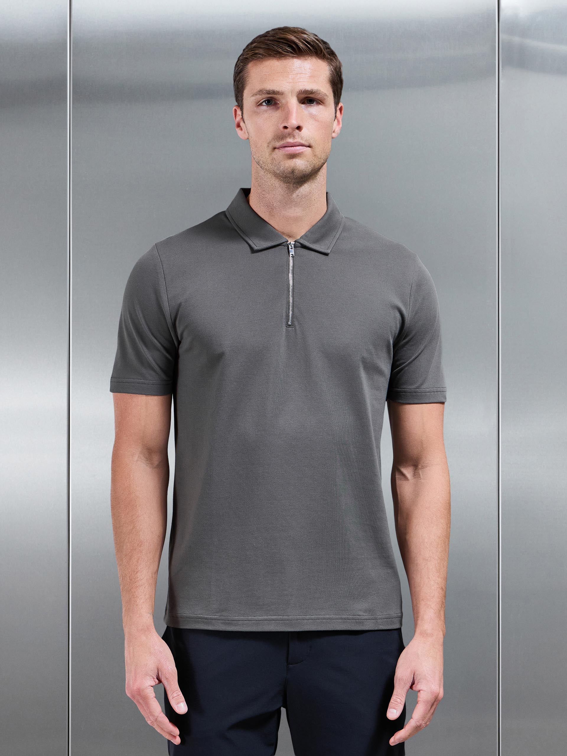 Mercerised Pique Zip Polo Shirt in Grey