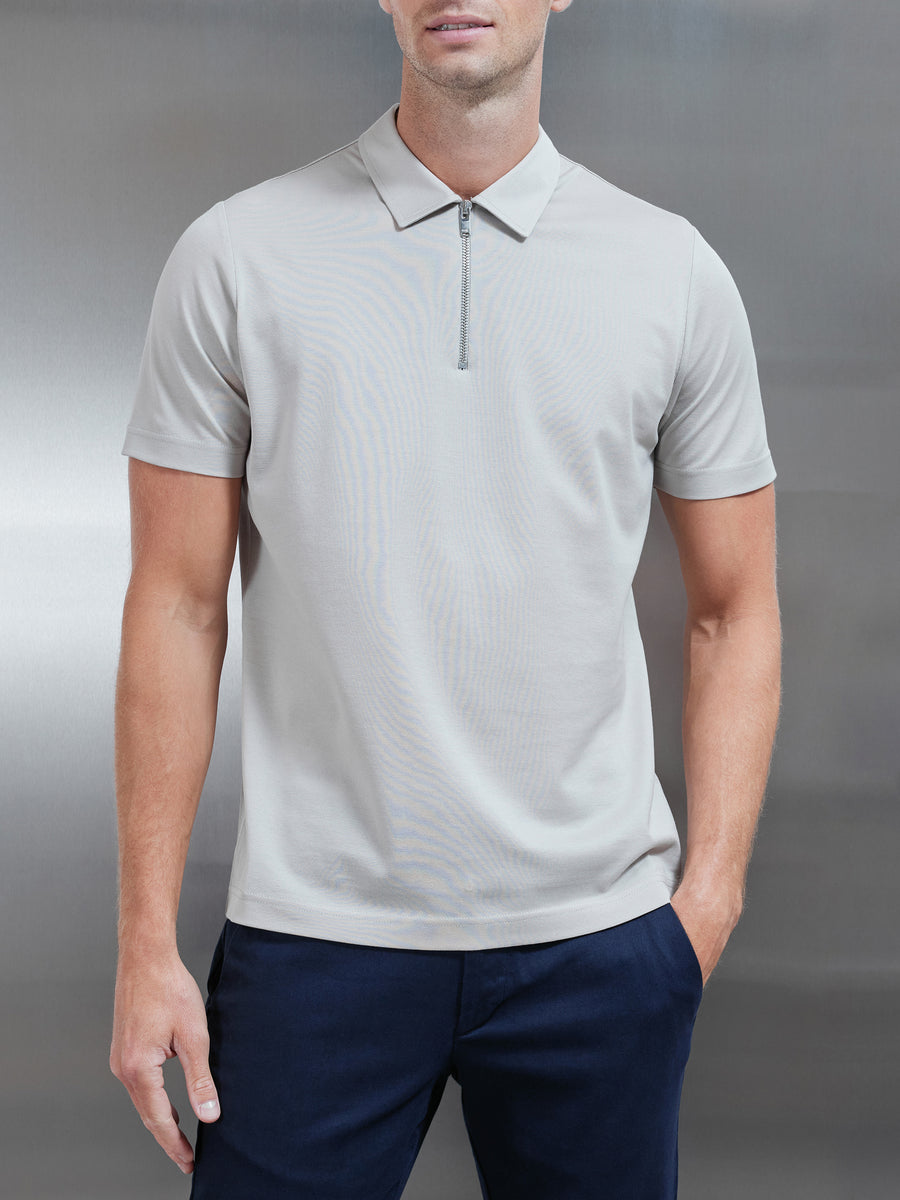 Mercerised Pique Zip Polo Shirt in Stone