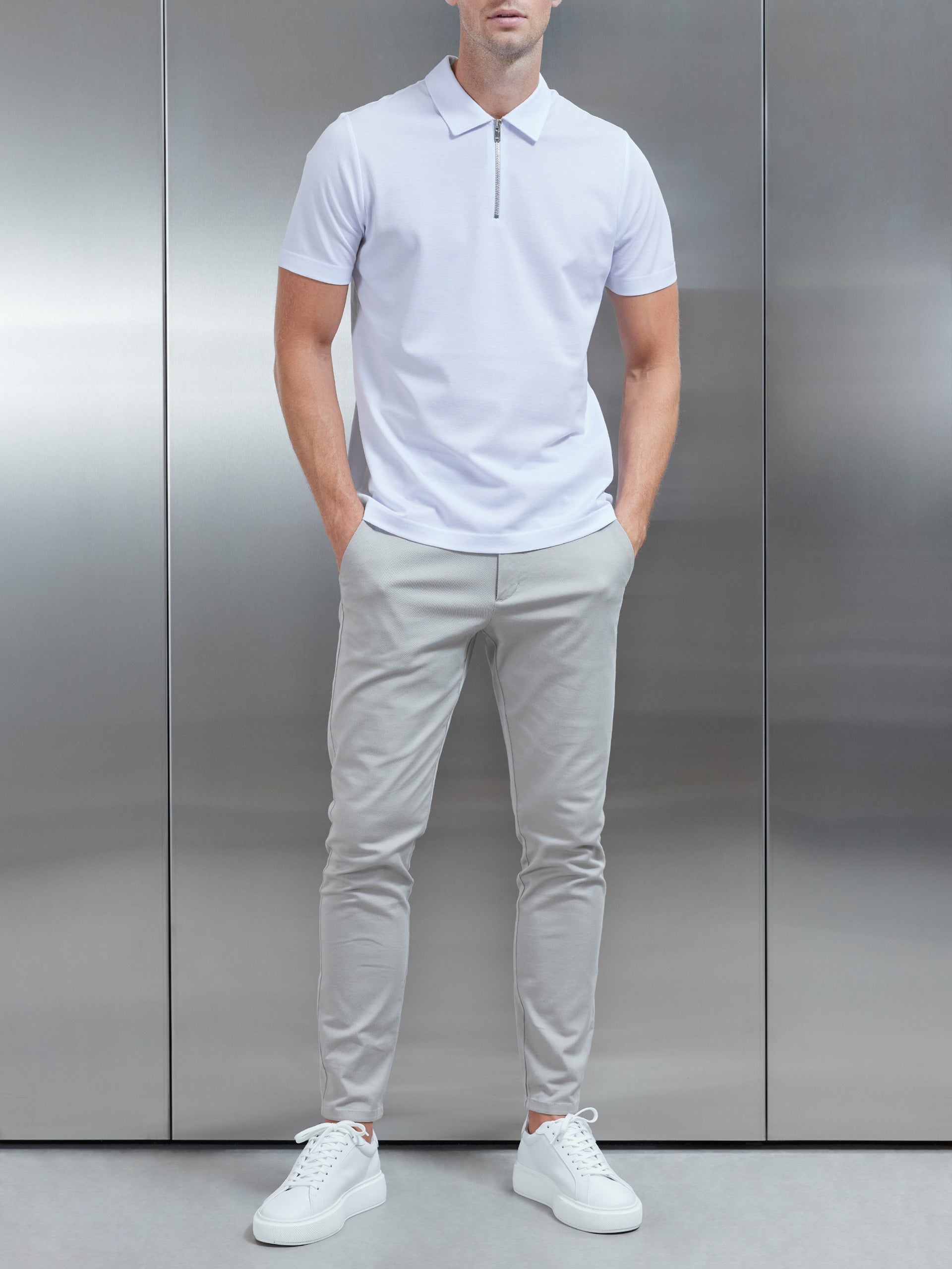 Mercerised Pique Zip Polo Shirt in White