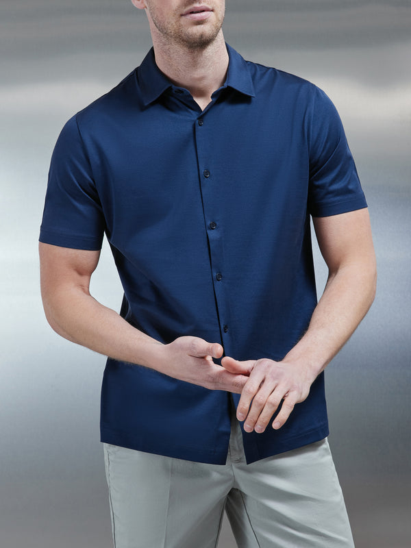 Mercerised Cotton Short Sleeve Shirt in Navy