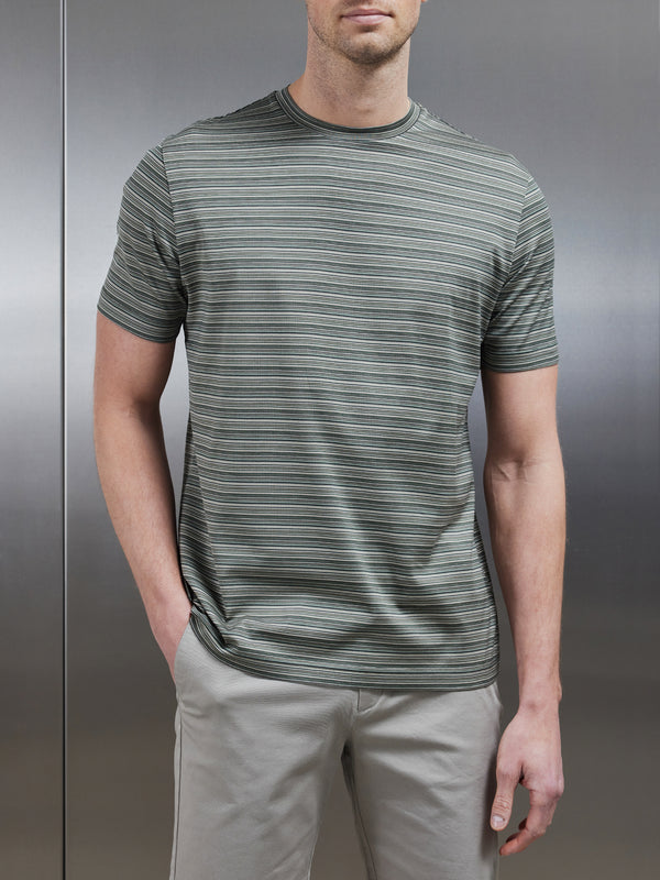 Mercerised Cotton Space Dye Striped T-Shirt in Olive