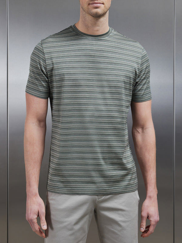 Mercerised Cotton Space Dye Striped T-Shirt in Olive