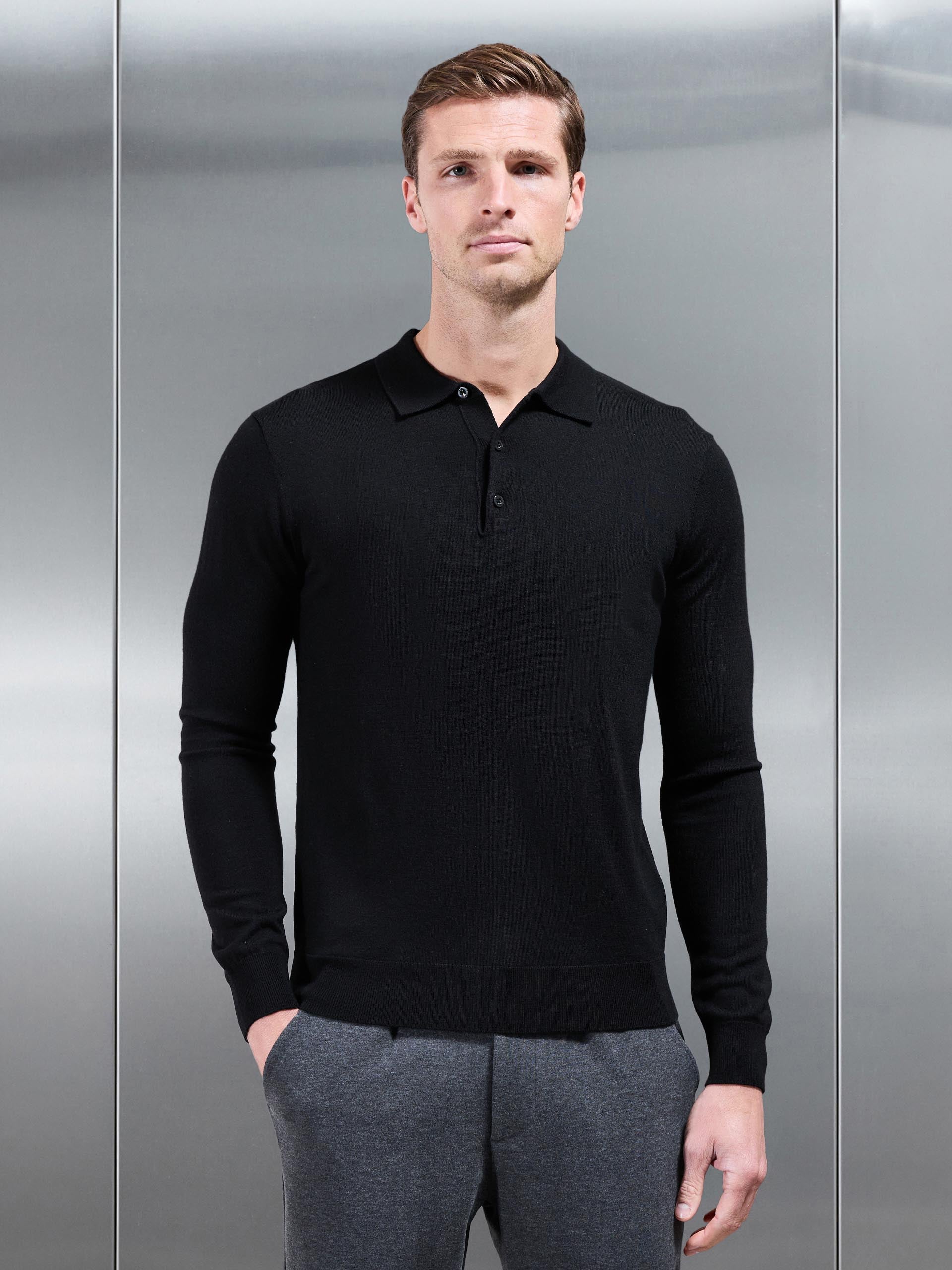 Merino Wool Long Sleeve Button Polo Shirt In Black