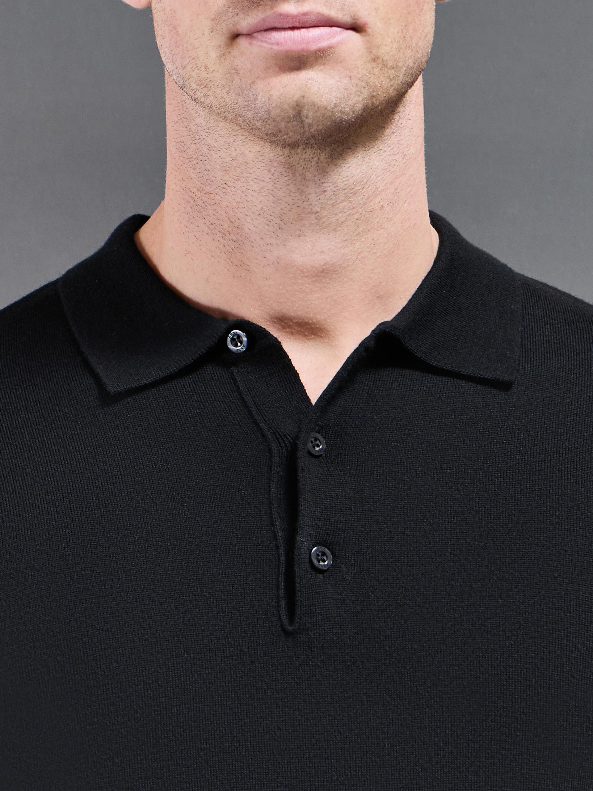 Merino Wool Long Sleeve Button Polo Shirt In Black
