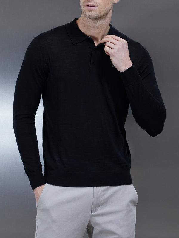 Merino Wool Long Sleeve Button Polo Shirt in Black