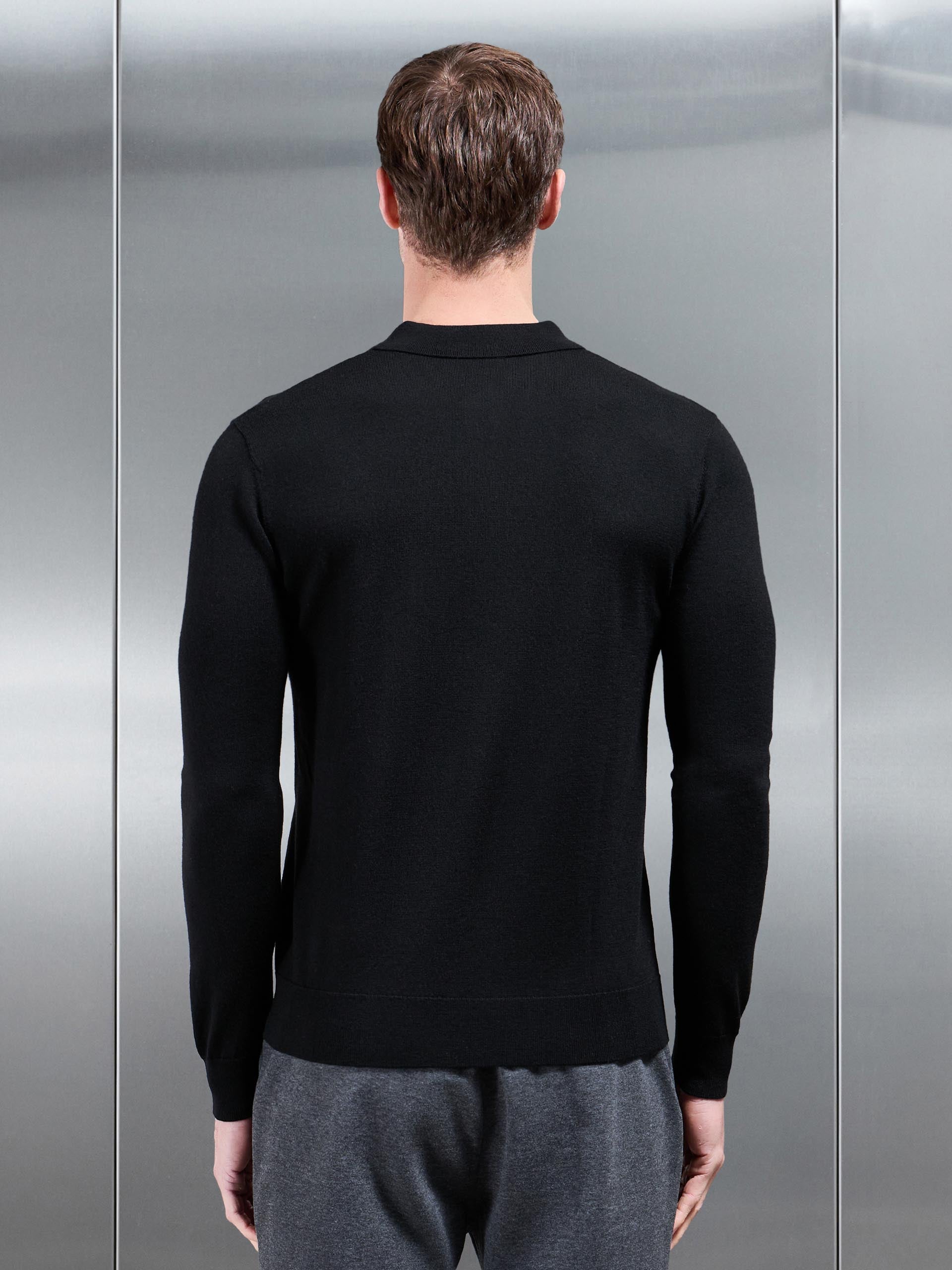 Merino Wool Long Sleeve Button Polo Shirt In Black
