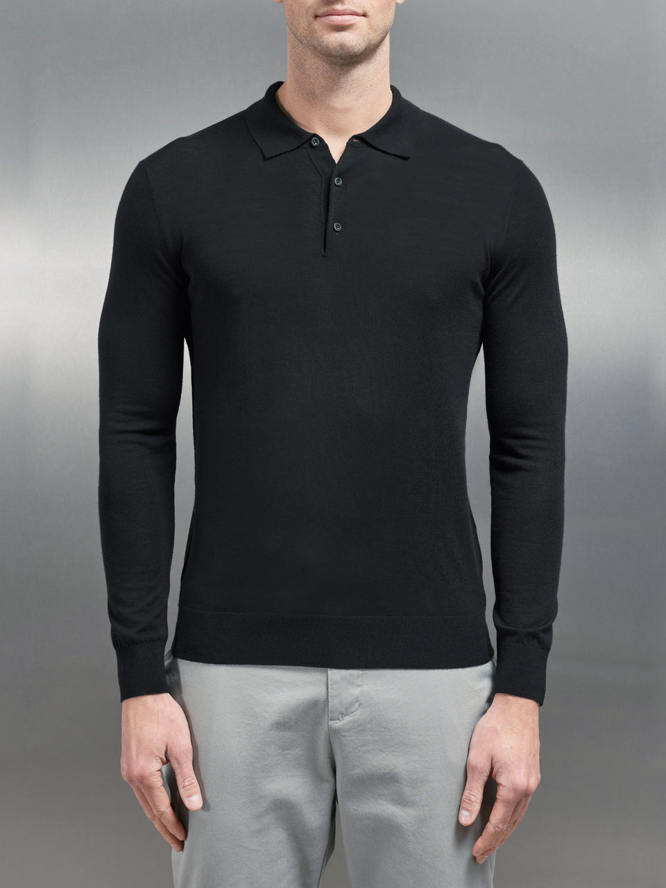 Merino Wool Long Sleeve Button Polo Shirt in Black