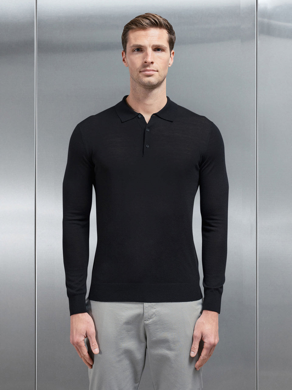 Merino Wool Long Sleeve Button Polo Shirt in Black