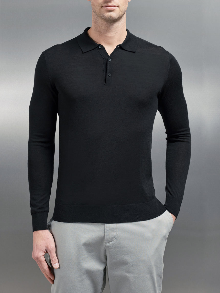 Merino Wool Long Sleeve Button Polo Shirt in Black