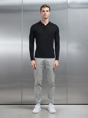Merino Wool Long Sleeve Button Polo Shirt in Black