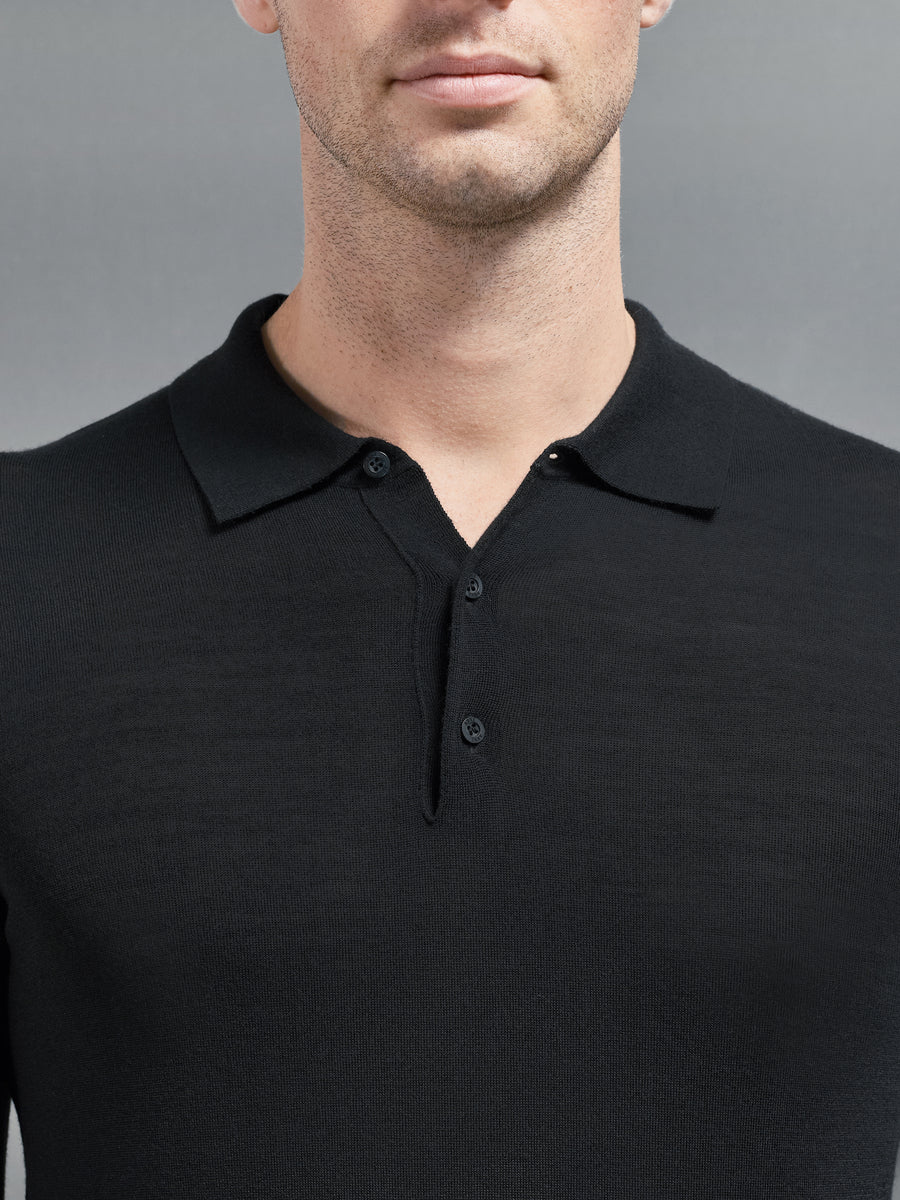 Merino Wool Long Sleeve Button Polo Shirt in Black