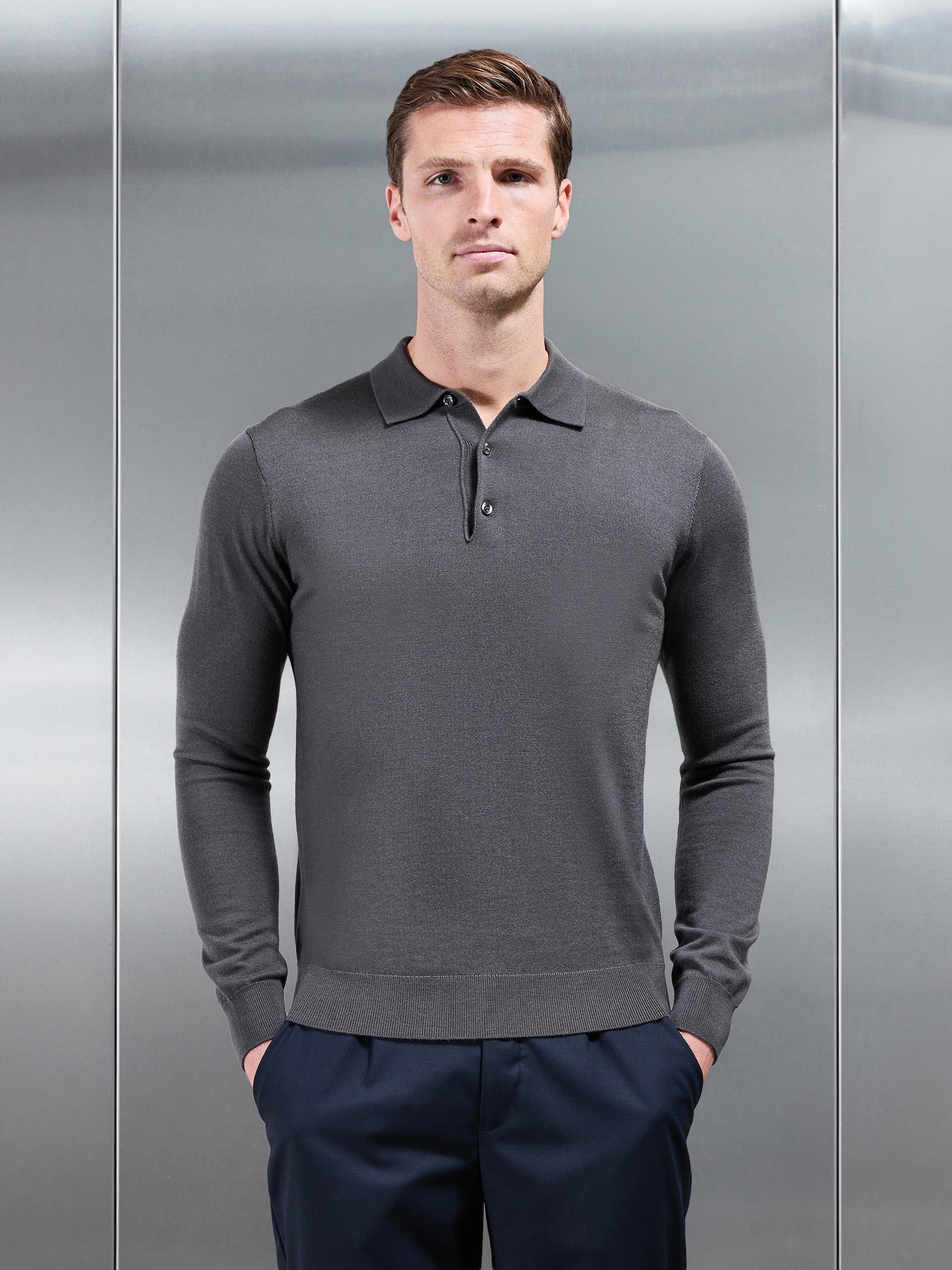 Merino Wool Long Sleeve Button Polo Shirt in Grey