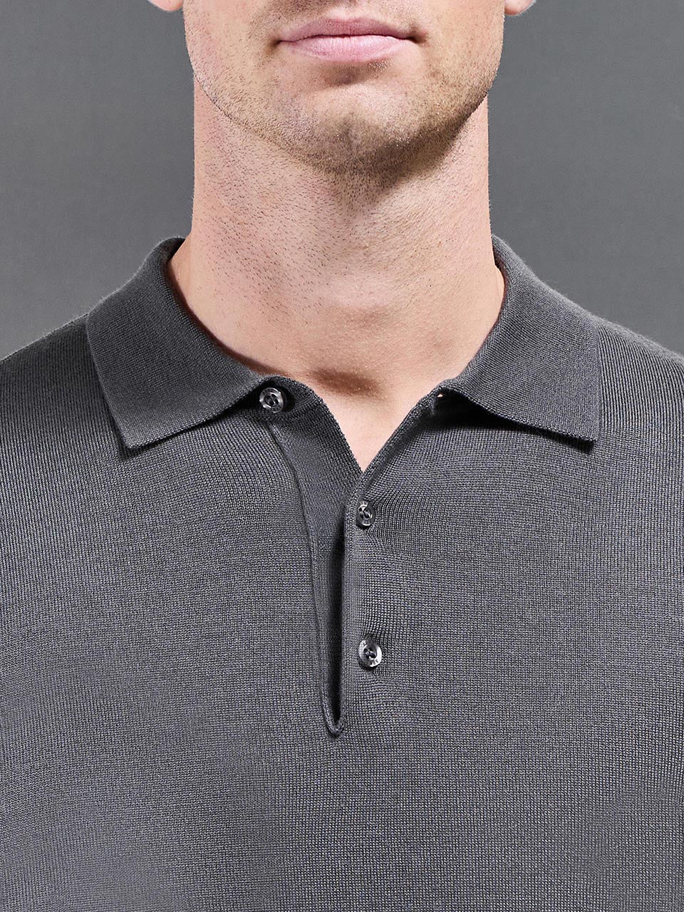 Merino Wool Long Sleeve Button Polo Shirt in Grey