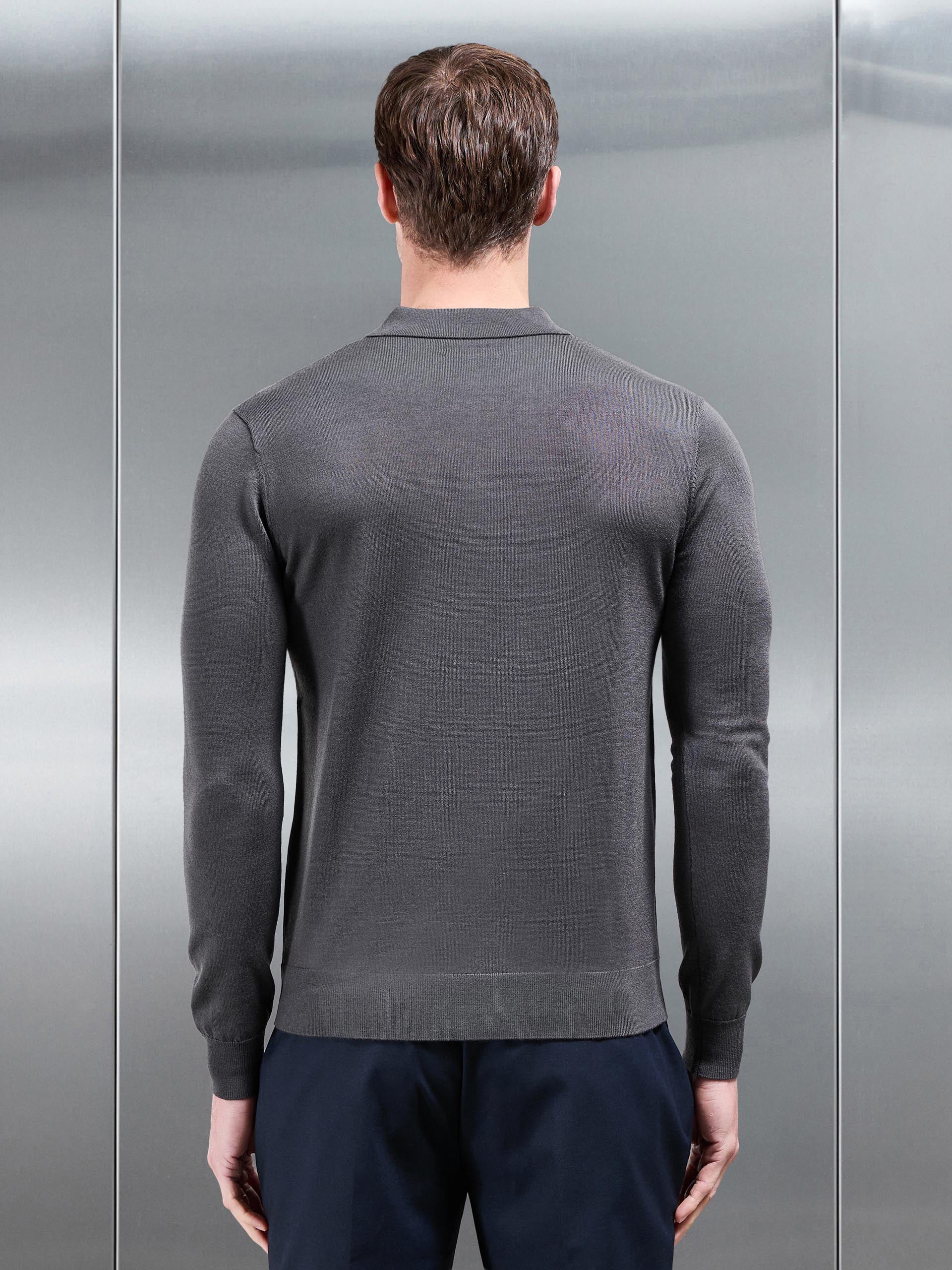 Merino Wool Long Sleeve Button Polo Shirt in Grey