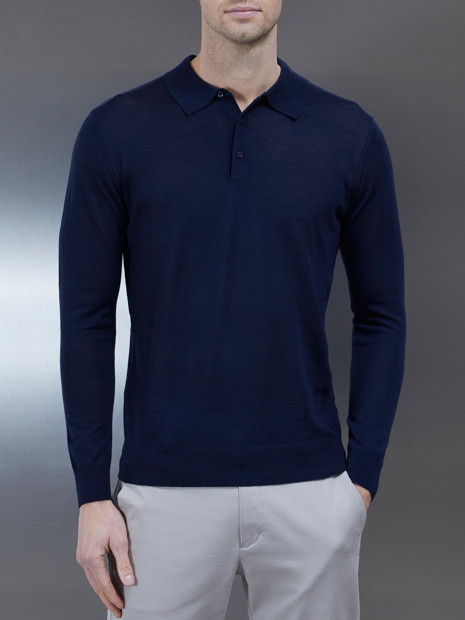 Merino Wool Long Sleeve Button Polo Shirt in Navy