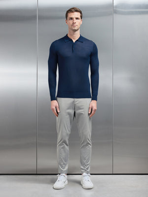 Merino Wool Long Sleeve Button Polo Shirt in Navy