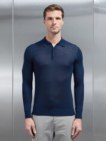 Merino Wool Long Sleeve Button Polo Shirt in Navy