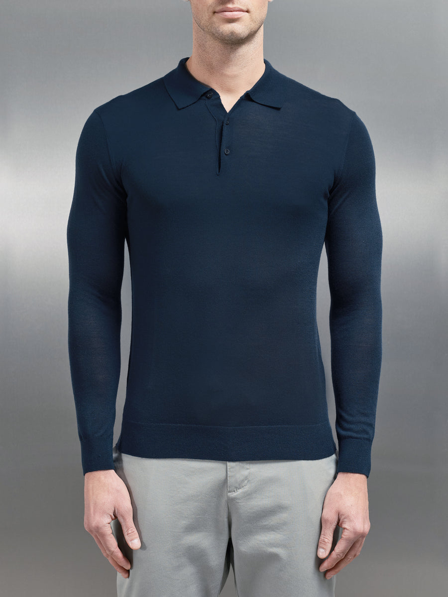 Merino Wool Long Sleeve Button Polo Shirt in Navy