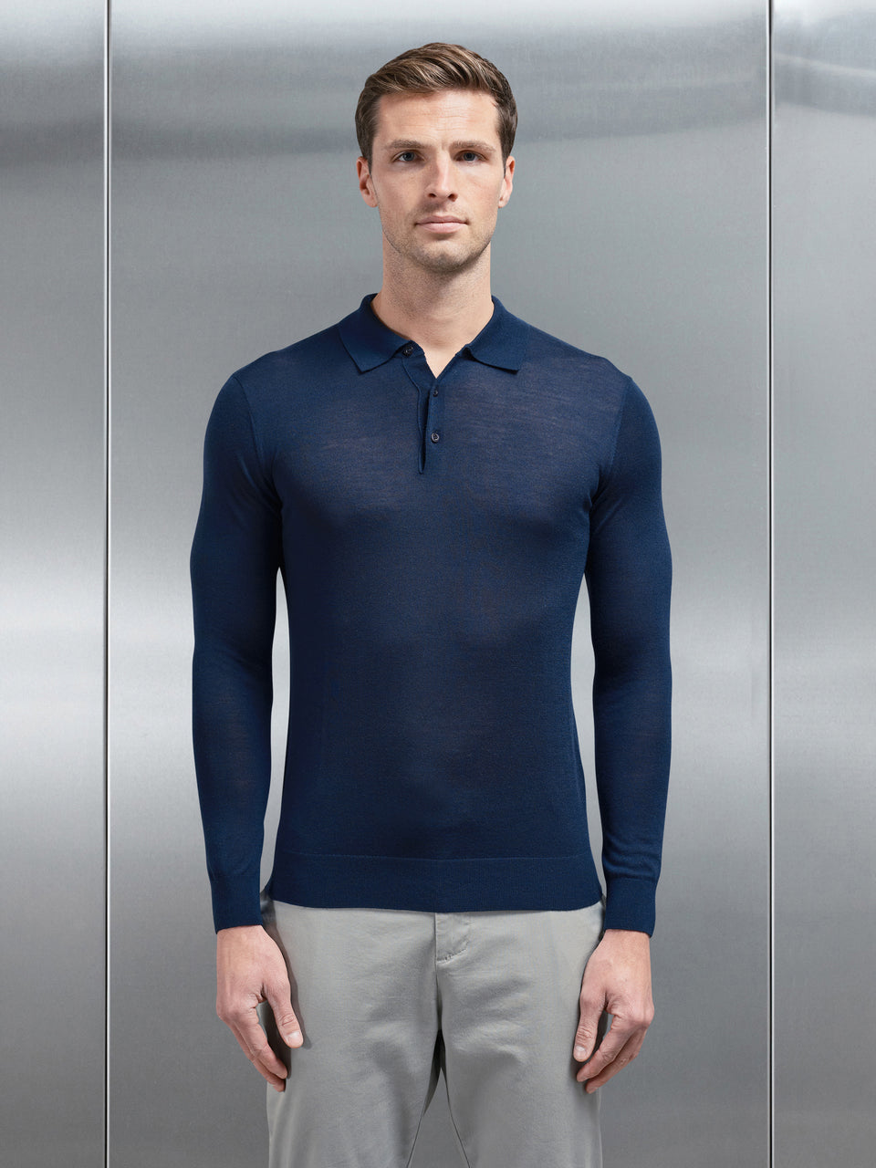 Merino Wool Long Sleeve Button Polo Shirt in Navy