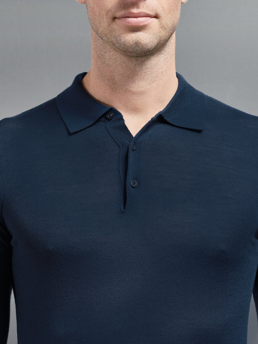 Merino Wool Long Sleeve Button Polo Shirt in Navy