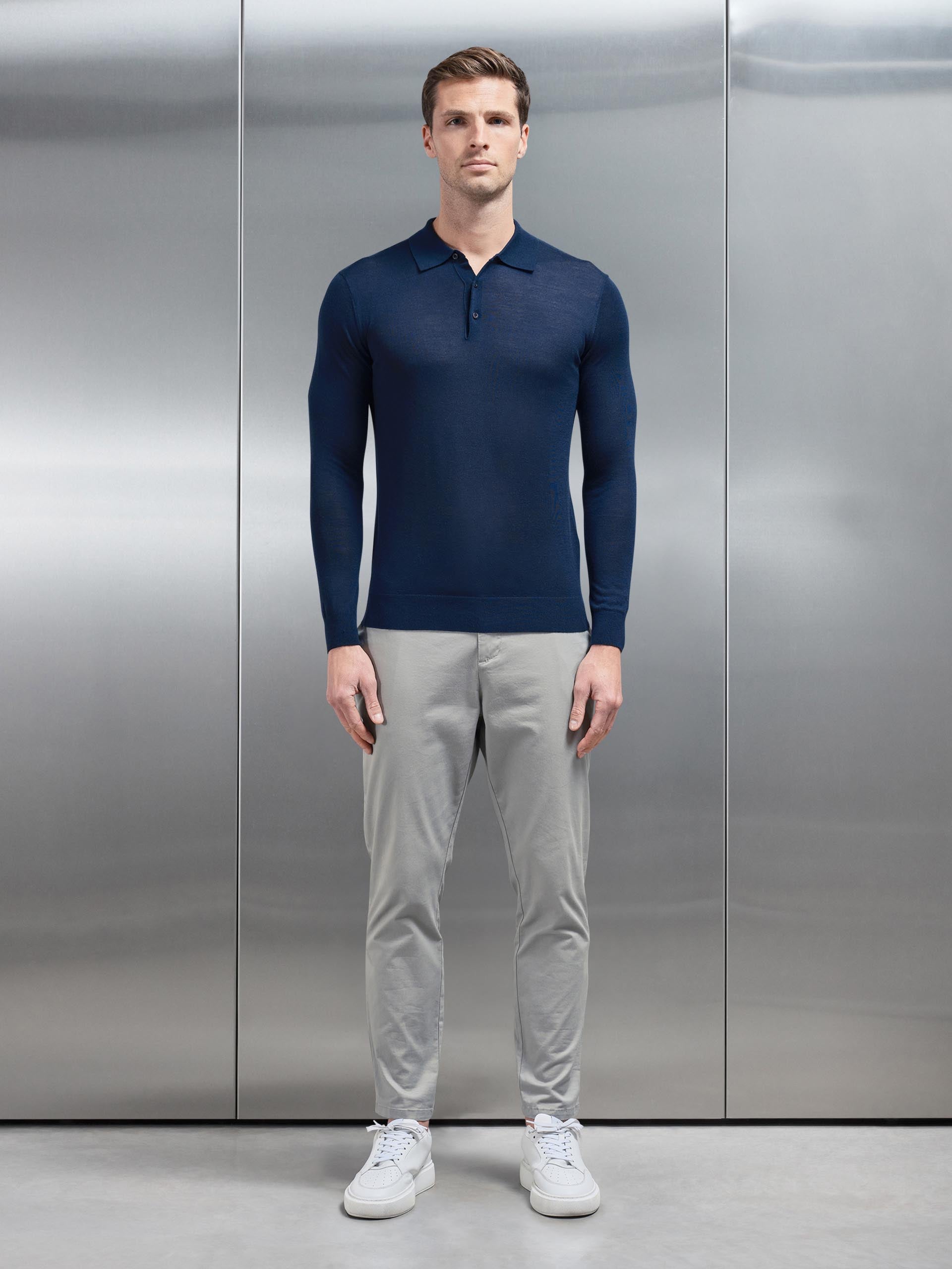 Merino Wool Long Sleeve Button Polo Shirt in Navy