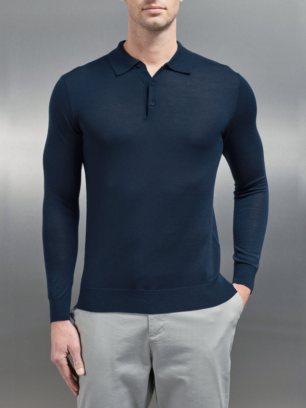 Merino Wool Long Sleeve Button Polo Shirt in Navy