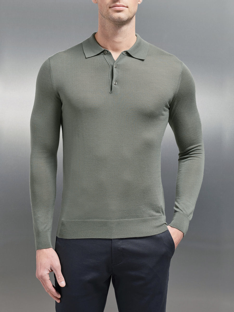 Merino Wool Long Sleeve Button Polo Shirt in Sage