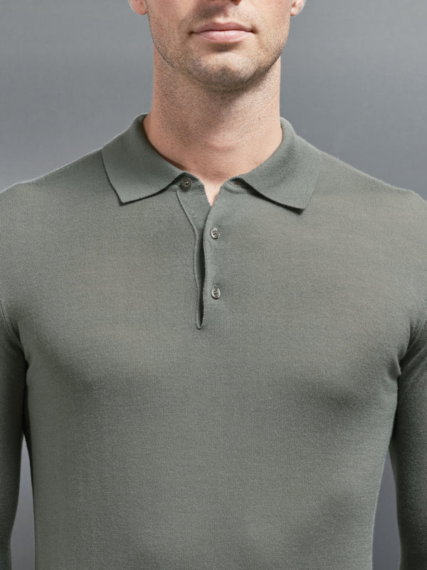 Merino Wool Long Sleeve Button Polo Shirt in Sage