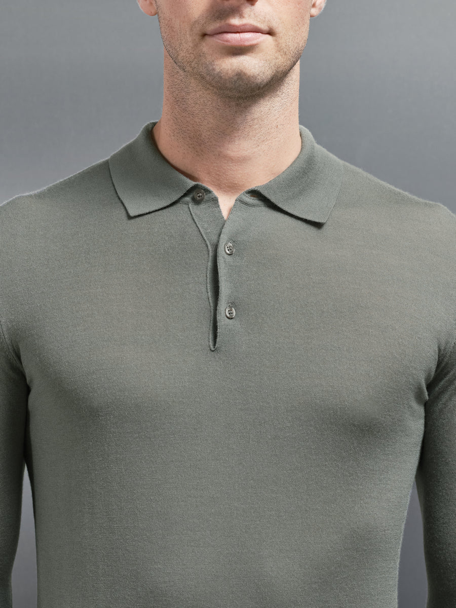 Merino Wool Long Sleeve Button Polo Shirt in Sage