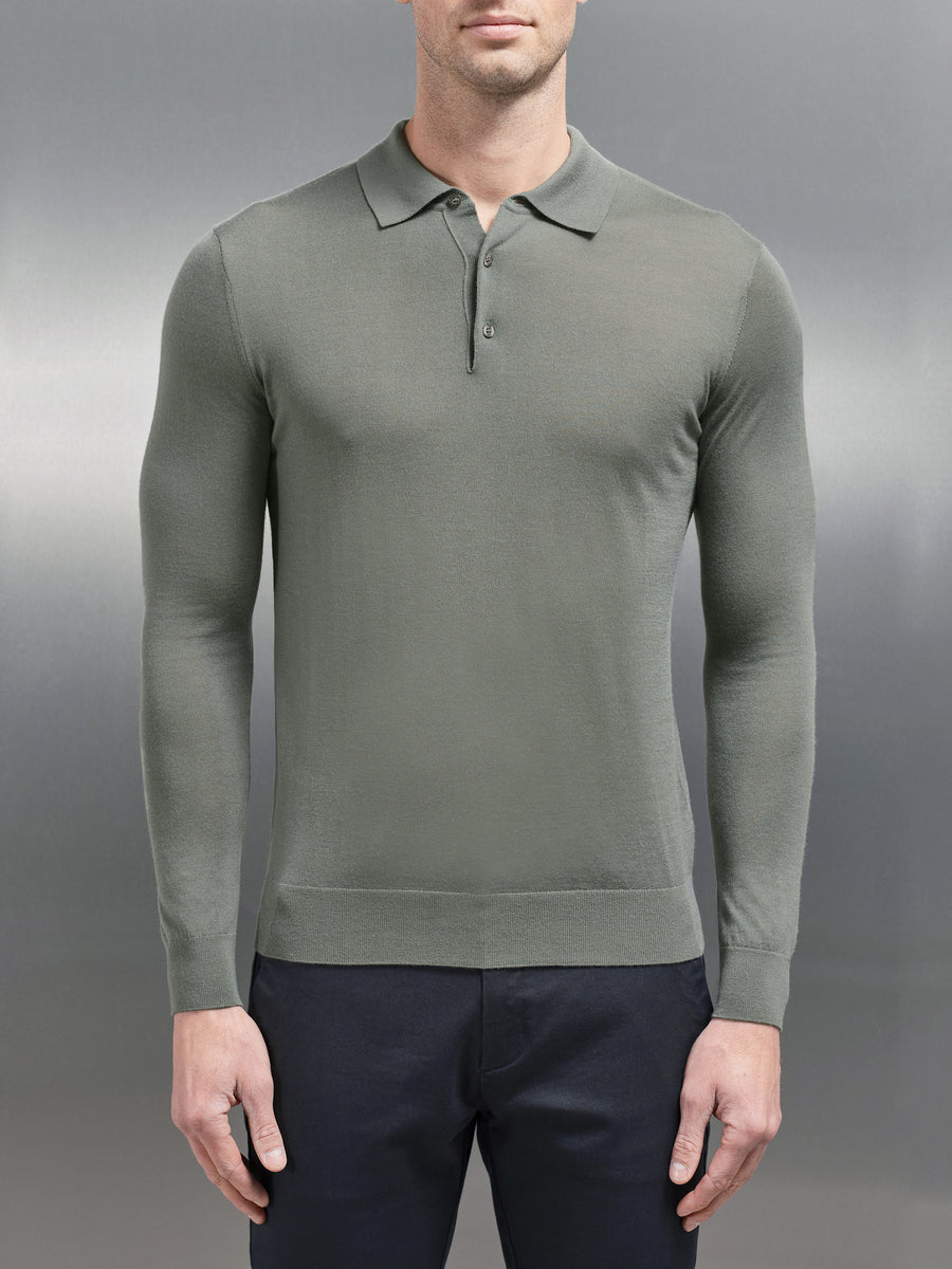 Merino Wool Long Sleeve Button Polo Shirt in Sage