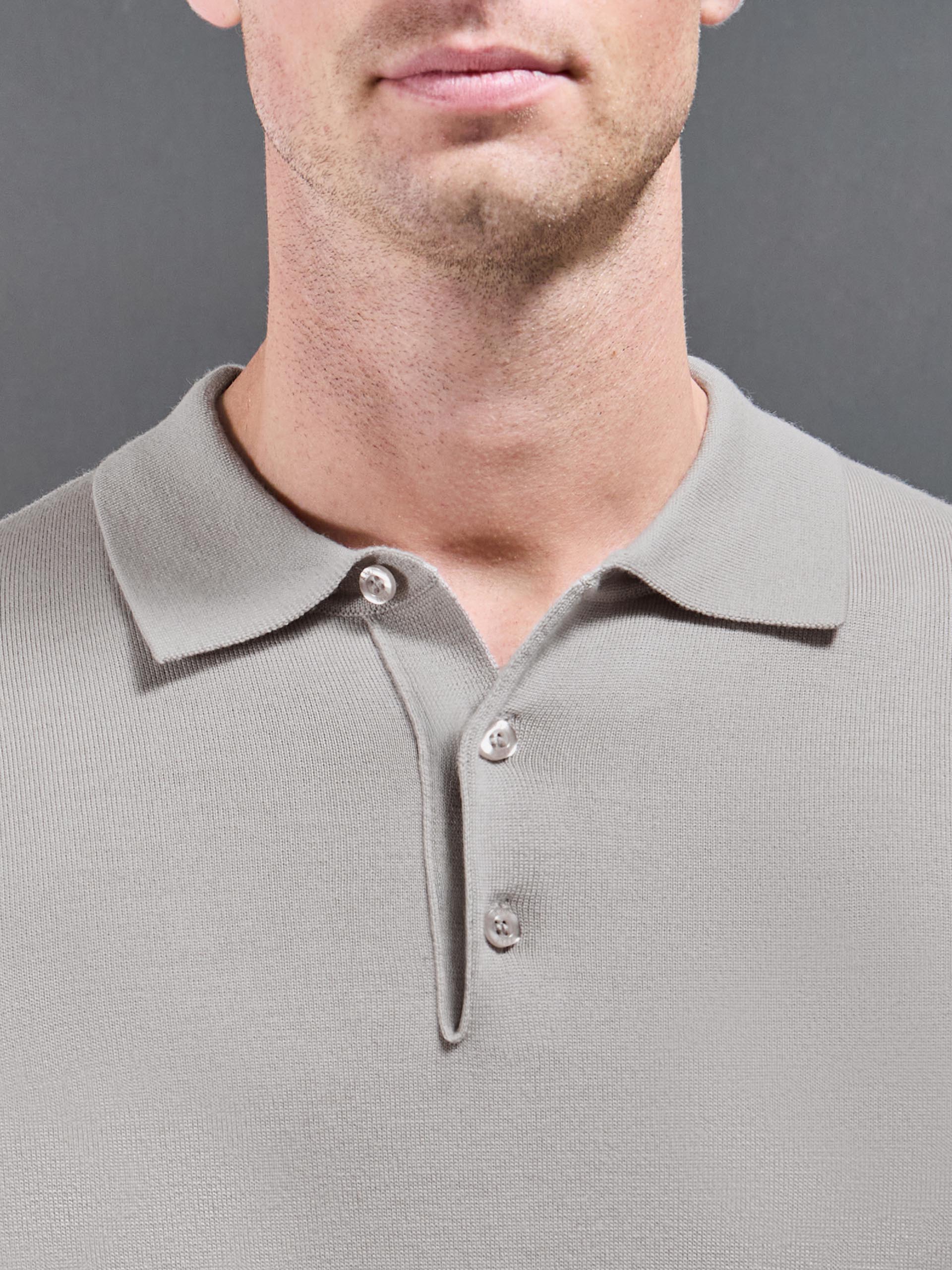 Merino Wool Long Sleeve Button Polo Shirt In Stone