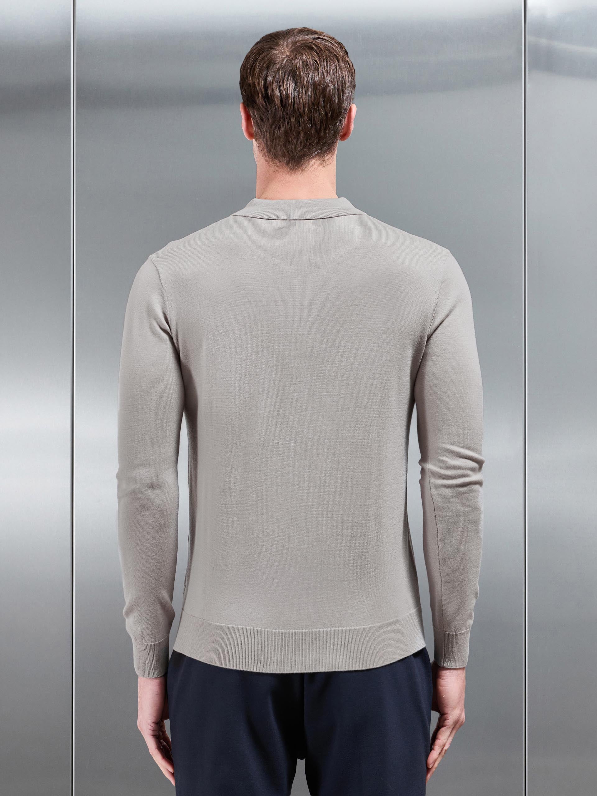 Merino Wool Long Sleeve Button Polo Shirt In Stone