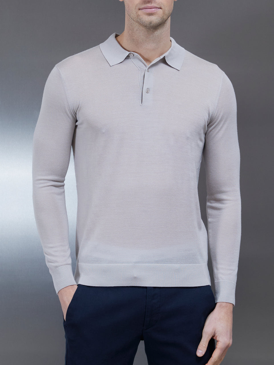 Merino Wool Long Sleeve Button Polo Shirt in Stone