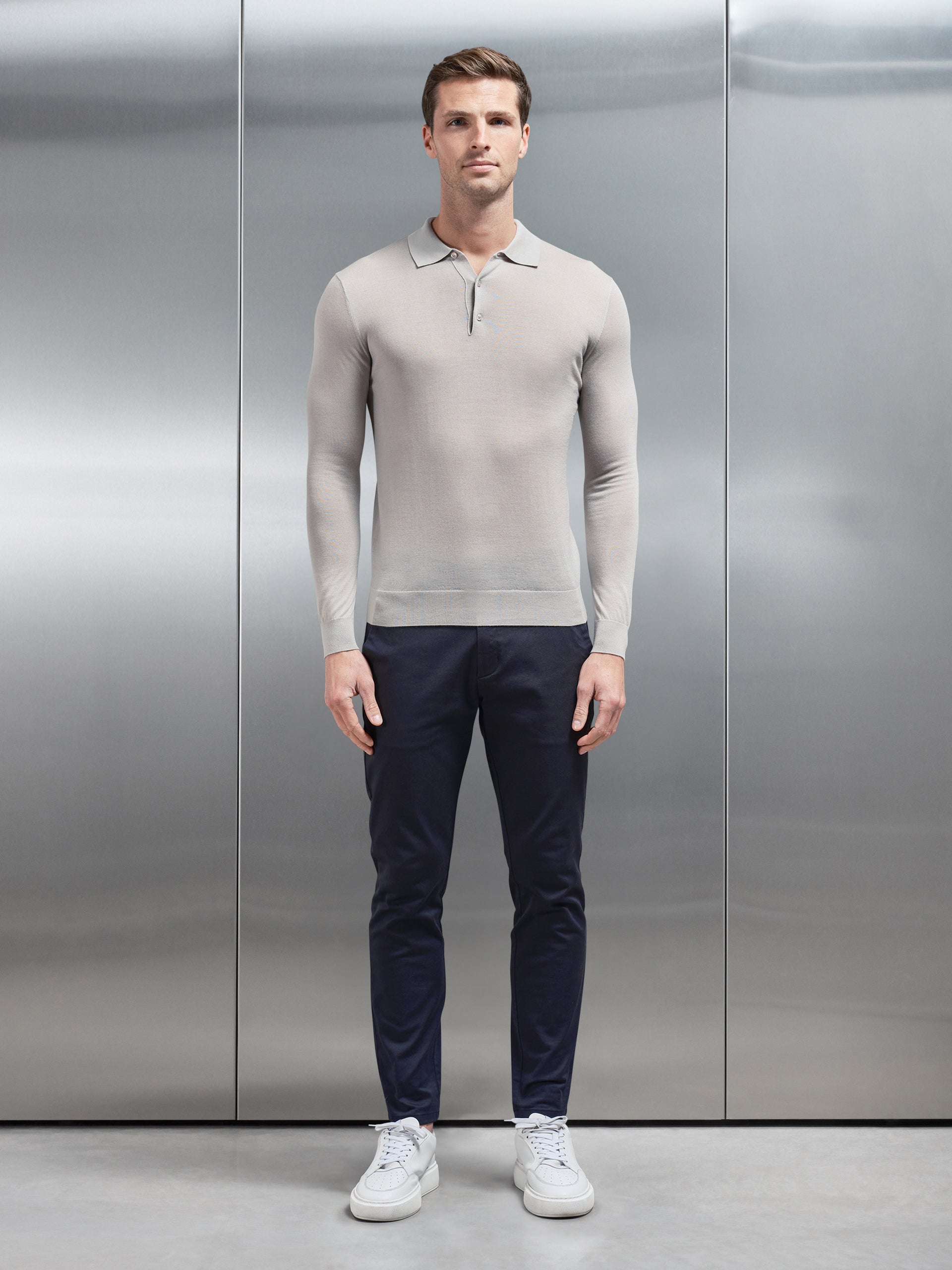 Merino Wool Long Sleeve Button Polo Shirt in Stone