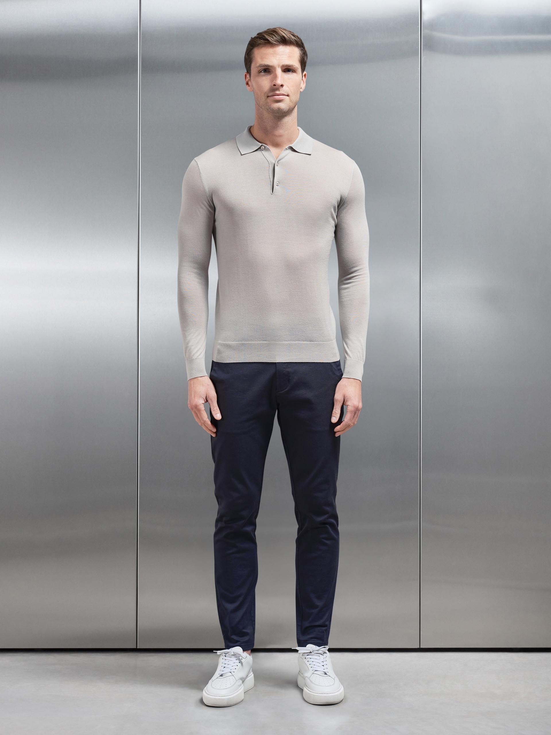 Merino Wool Button Polo Shirt in Stone