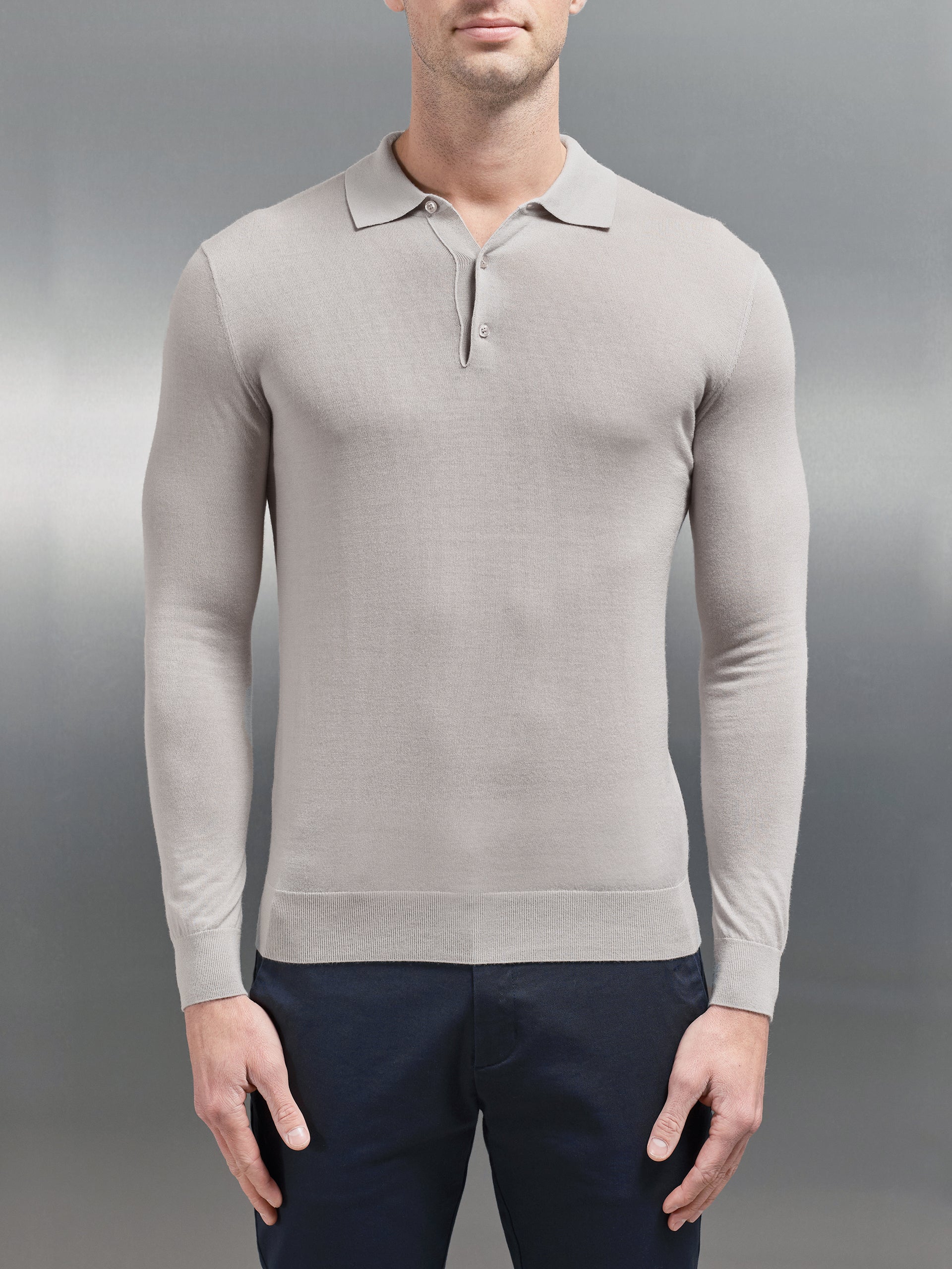 Merino Wool Long Sleeve Button Polo Shirt in Stone