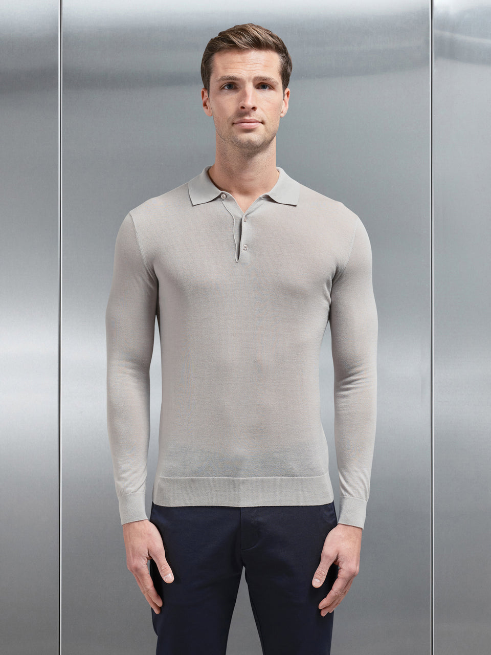Merino Wool Long Sleeve Button Polo Shirt in Stone