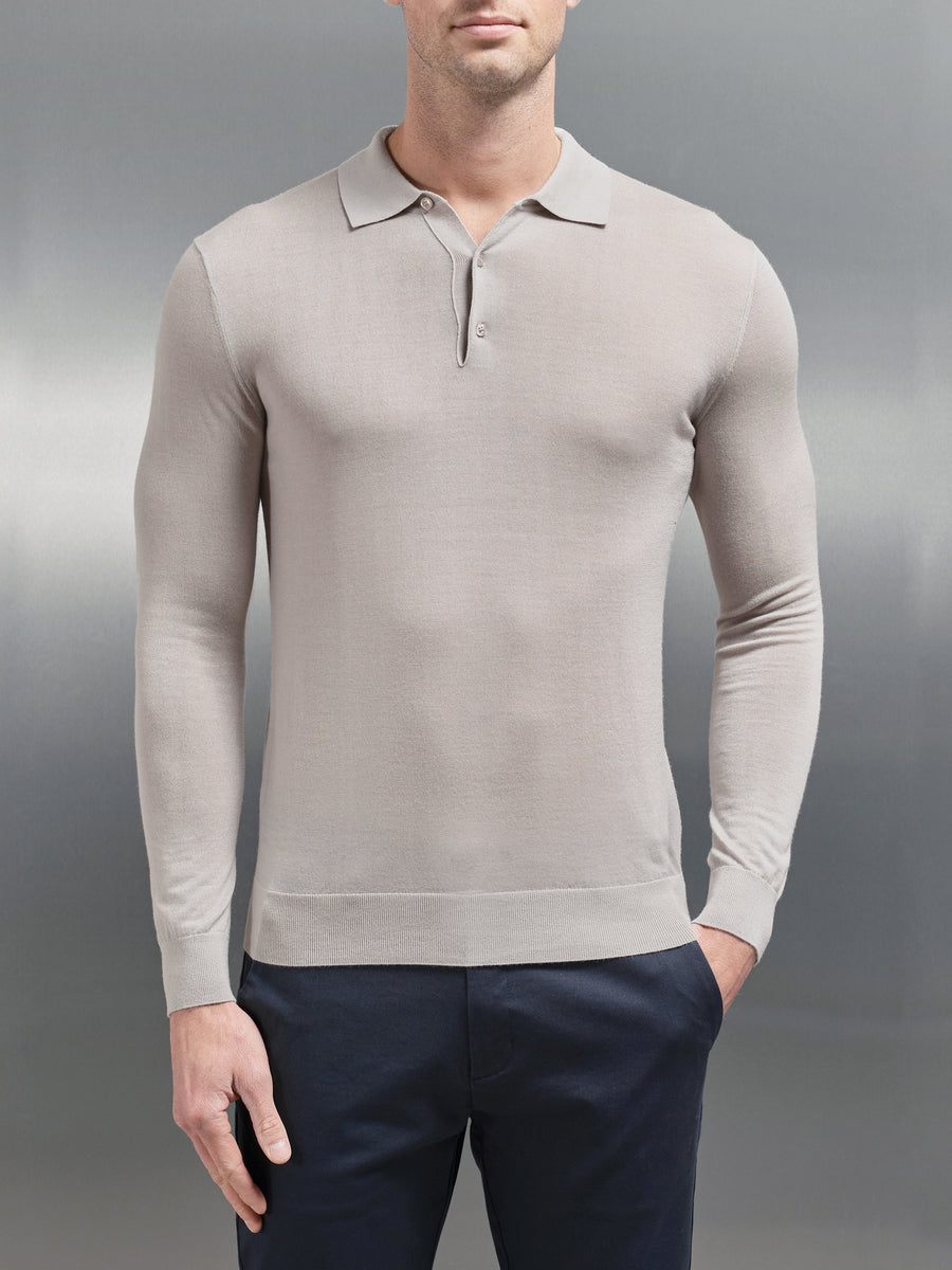 Merino Wool Long Sleeve Button Polo Shirt in Stone