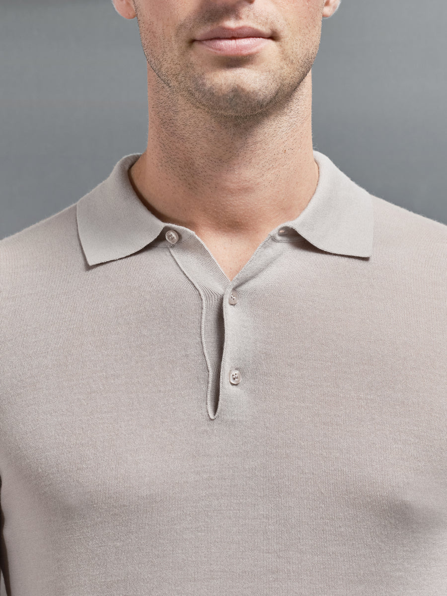 Merino Wool Long Sleeve Button Polo Shirt in Stone