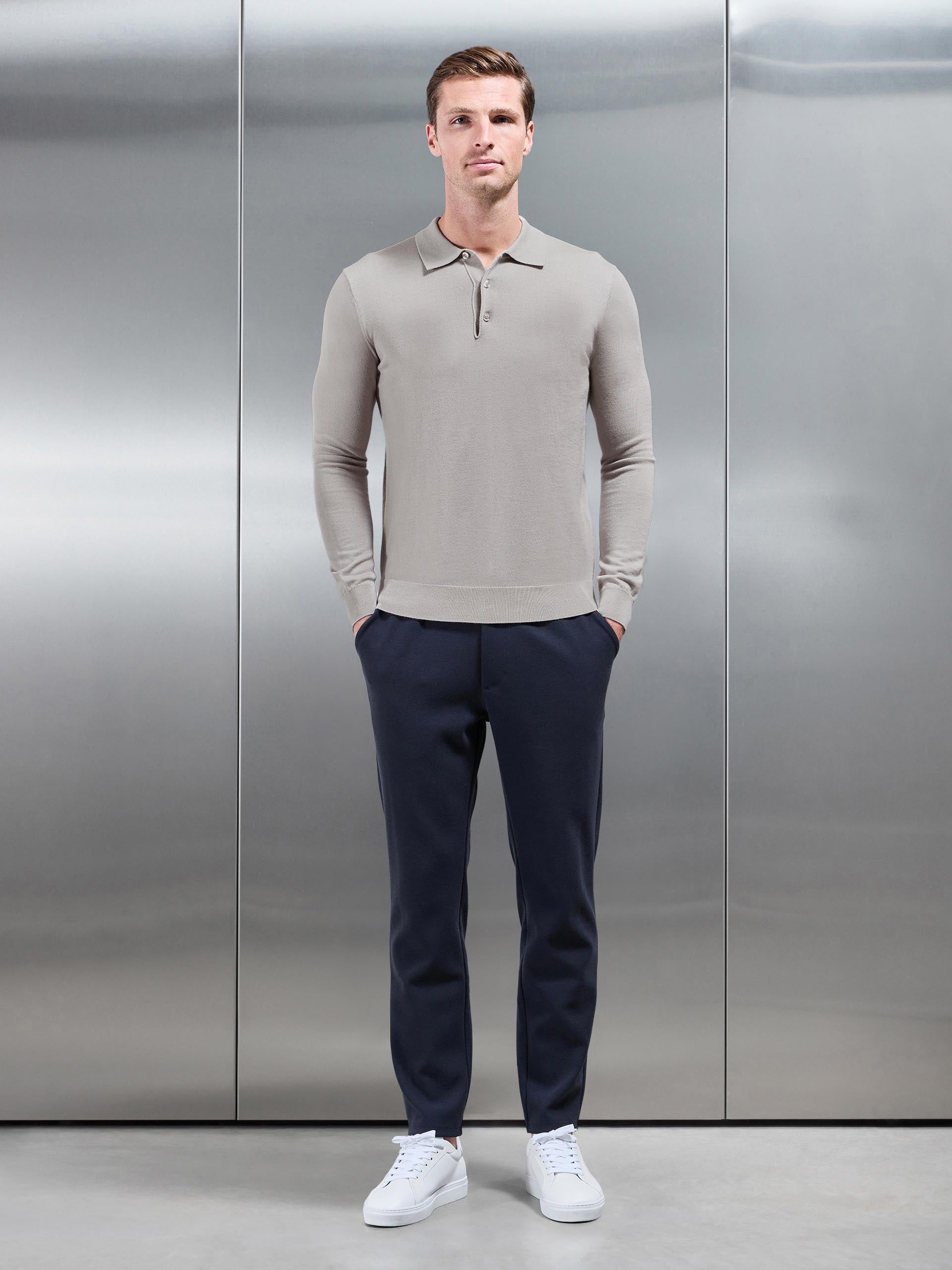 Merino Wool Long Sleeve Button Polo Shirt In Stone