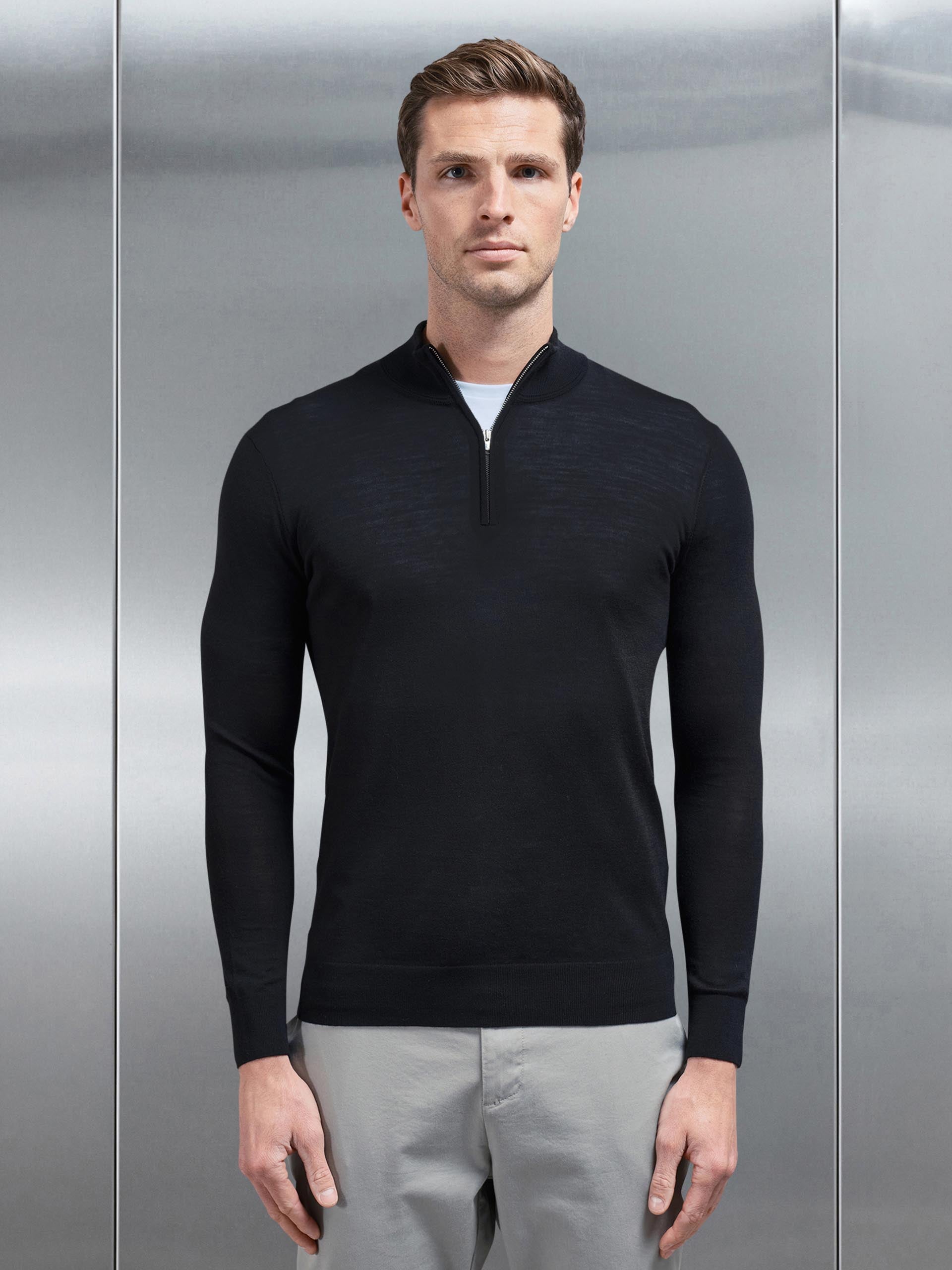 Merino Wool Half Zip Funnel Neck in Black