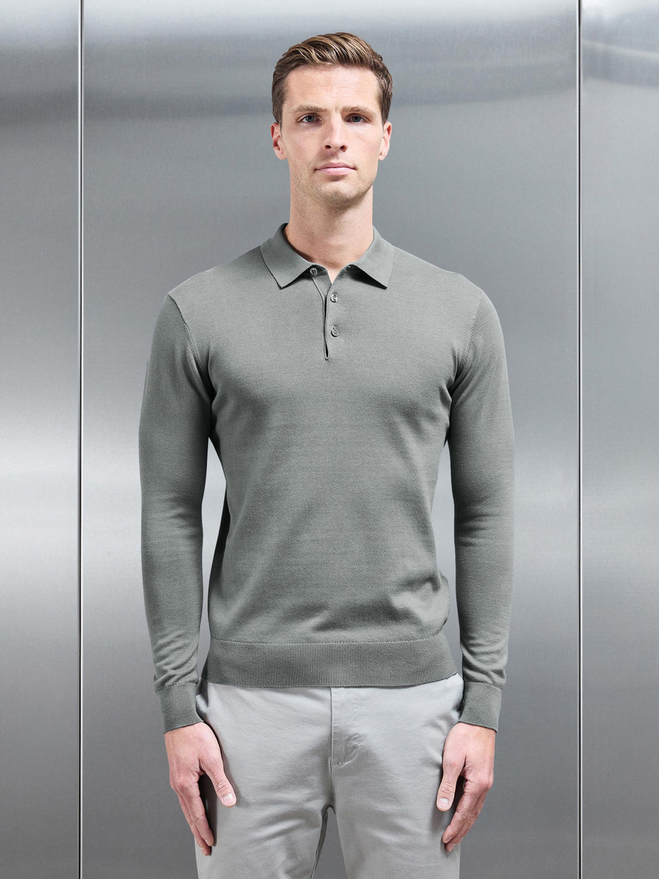 Merino Wool Long Sleeve Button Polo Shirt in Sage