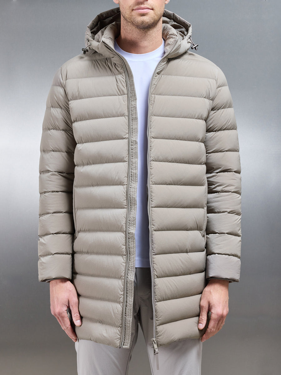 Mid Length Technical Down Jacket in Taupe