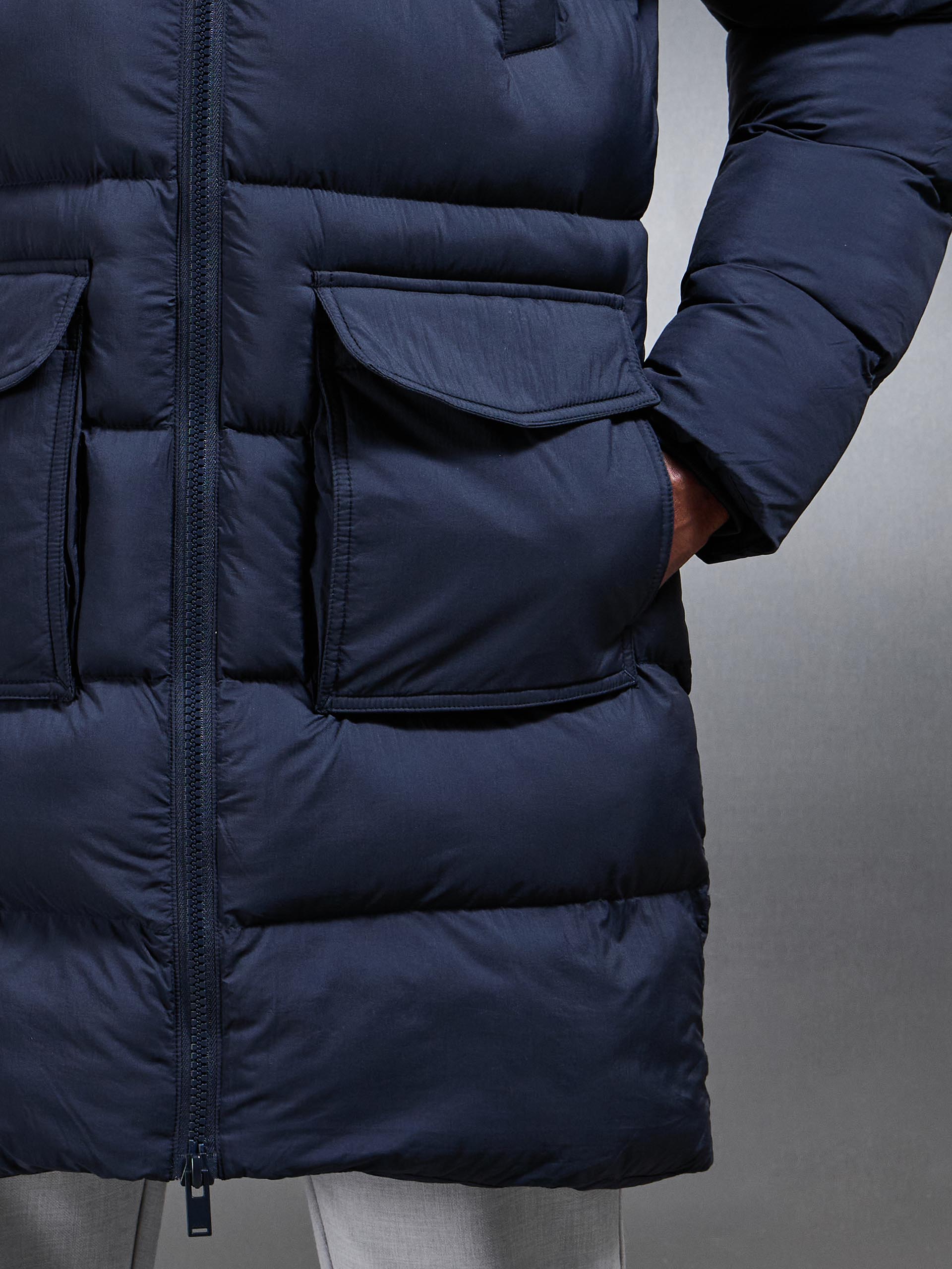 Mid Length Puffer Parka in Navy