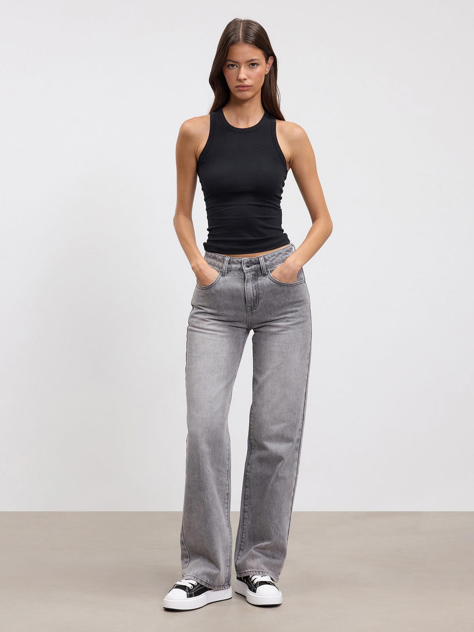 Womens Mid Rise Straight Denim Jean in Grey Wash