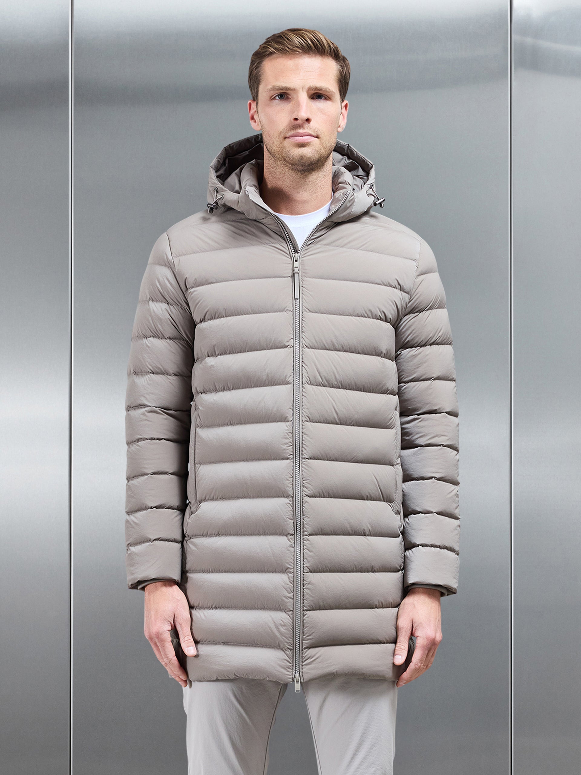 Mid Length Technical Down Jacket in Taupe
