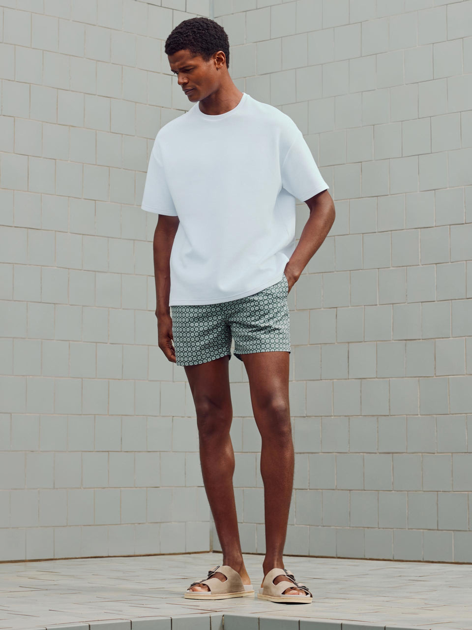 Mosaic Print Drawstring Swim Short in Sage